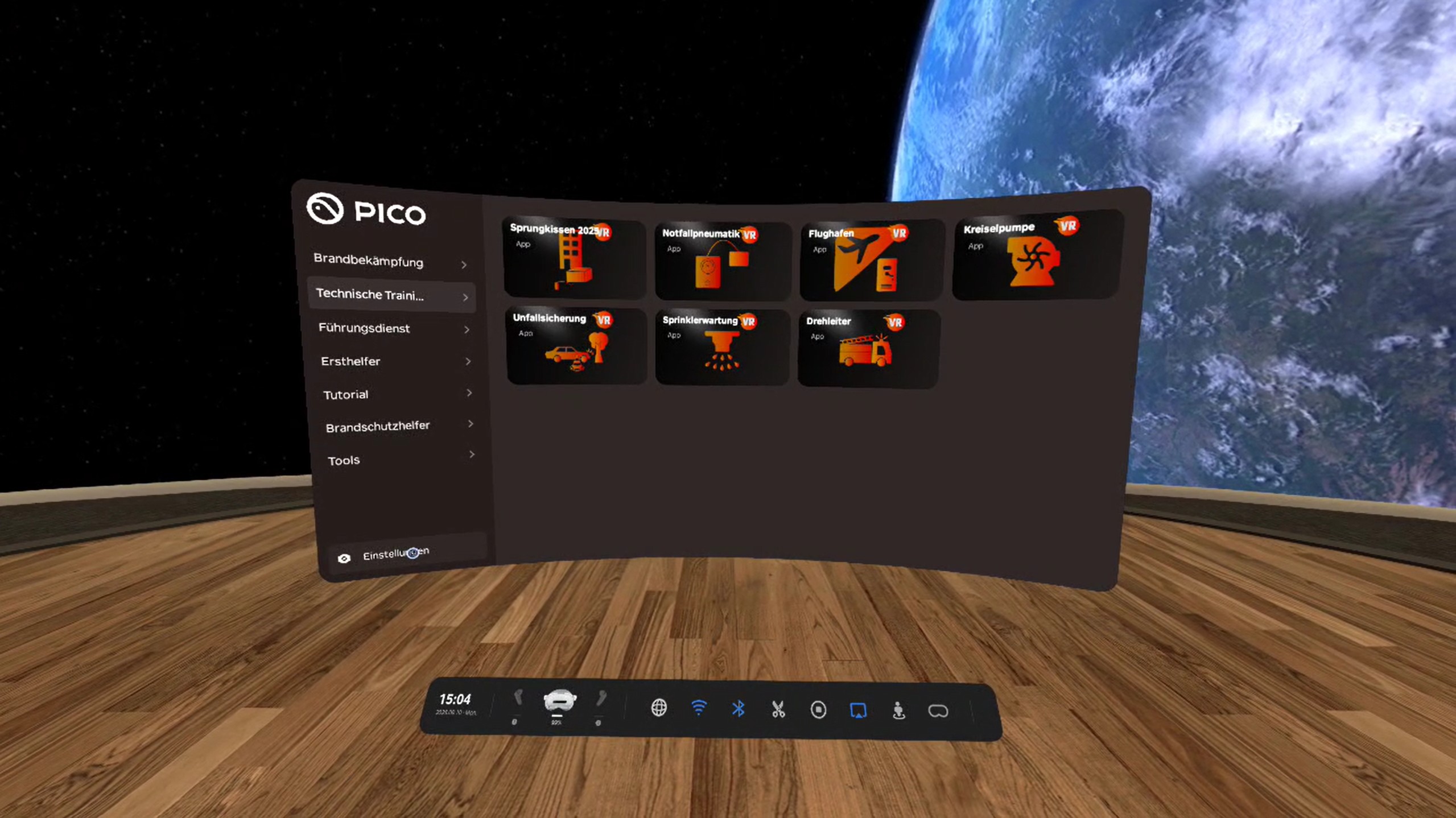 Startmenü der VR-Brille mit FirefighterVR Trainingsmenü