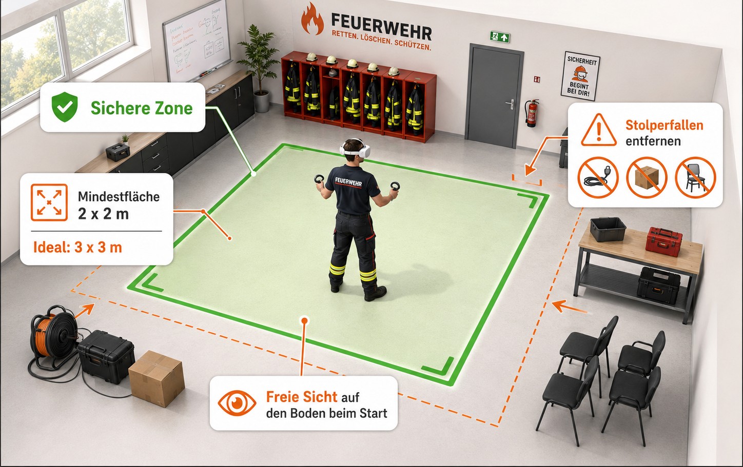 Freigeräumte Trainingsfläche mit markierter sicherer Zone